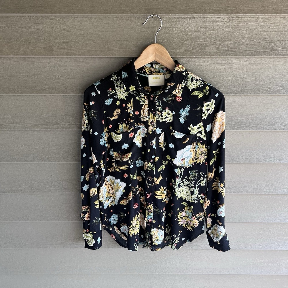 Maeve Anthropologie Button Down Shirt Womens 4 Black Floral Animal Print Rayon